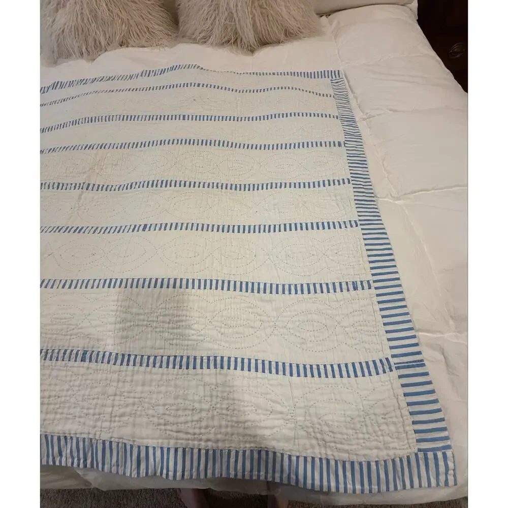 Vintage Heirloom Baby Quilt White with Blue Stripes Crib Blanket Quilt cottage